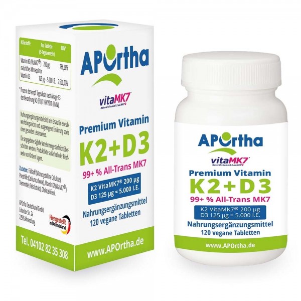 Vitamin D3 + K2, 5.000 IE D3 + 200 ug Vitamin K2 - MK7, 120 Tabletten B-Ware